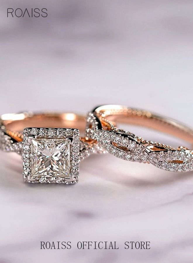 رويس طقم خواتم زركون مكون من 3 قطع، مرصع بأحجار الراين الكريستالية، خواتم وعد وخطوبة، مجوهرات أبدية، هدية زفاف، خاتم مزخرف للأزواج، للرجال والنساء والفتيات المراهقات، لون ذهبي وردي - Image 3